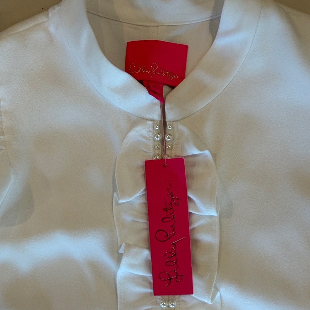 Lilly Pulitzer White Ruffle-Front Mini Dress with Pink Trim - Picture 3 of 6